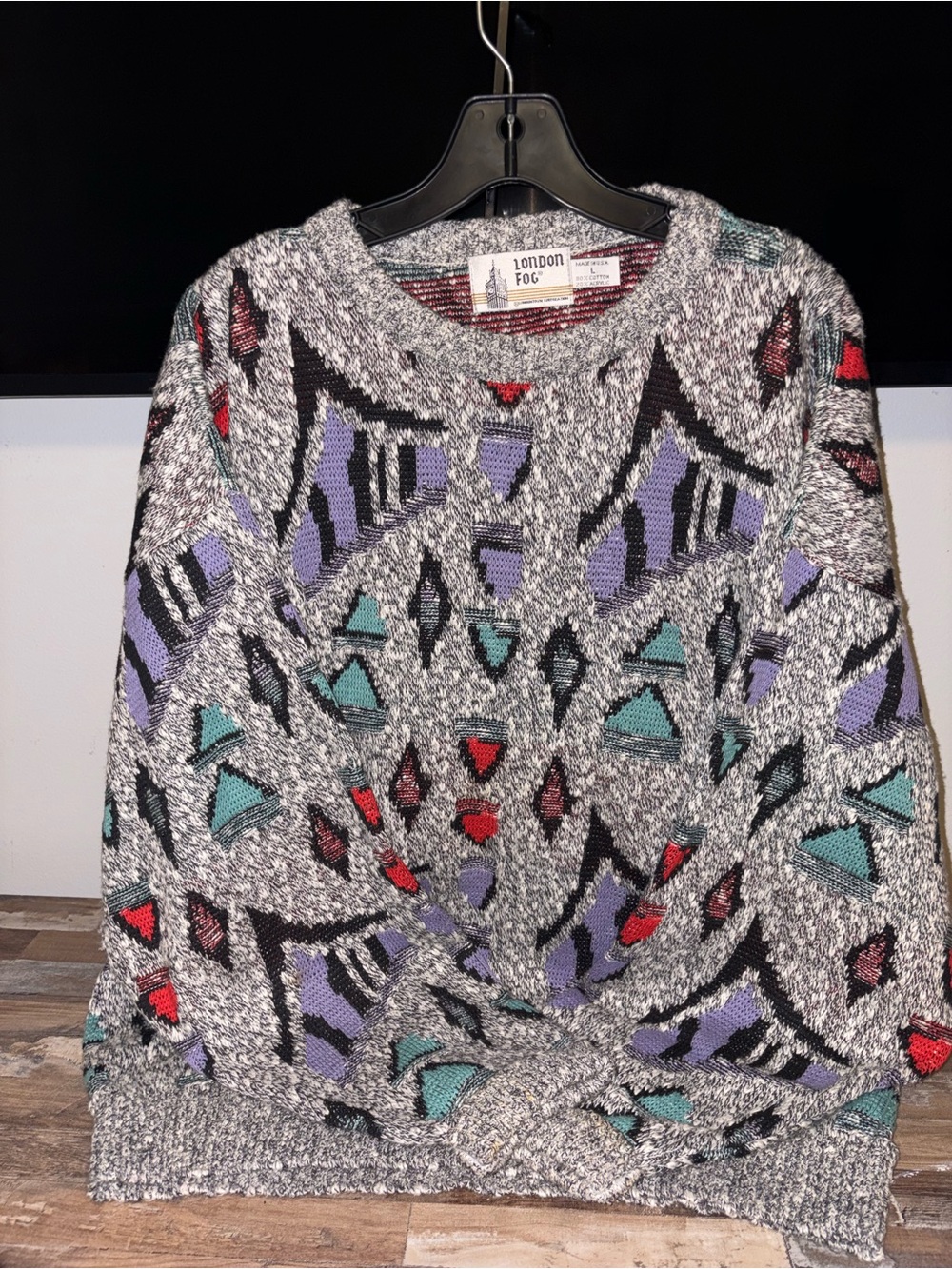 Vintage London Fog Women’s Gray Patterned Crewneck Sweater with Purple & Teal